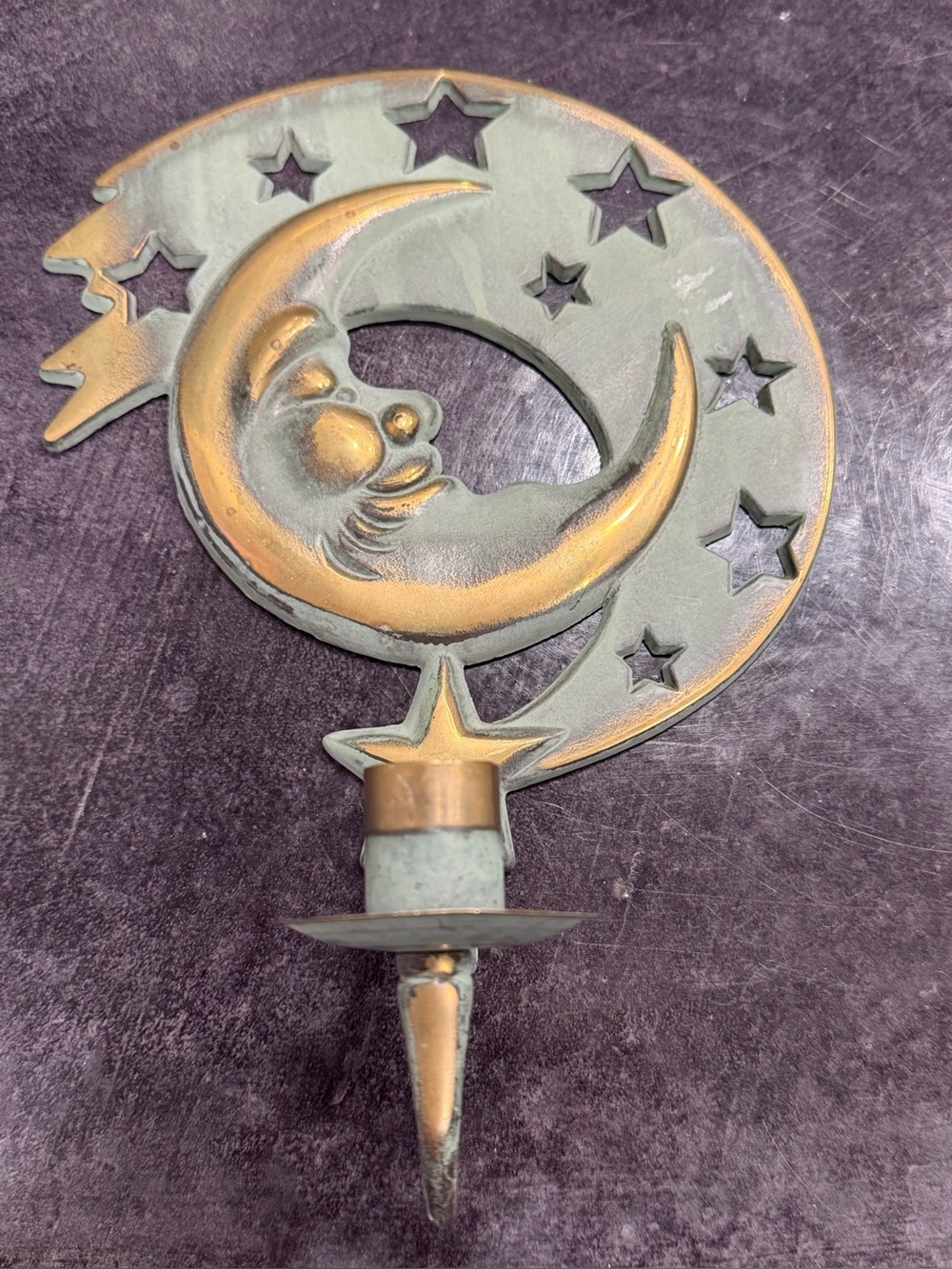 1994 PartyLite Beautiful Metal/Gold Moon Stars Wall Candle Holder 10.3"x 7.2"